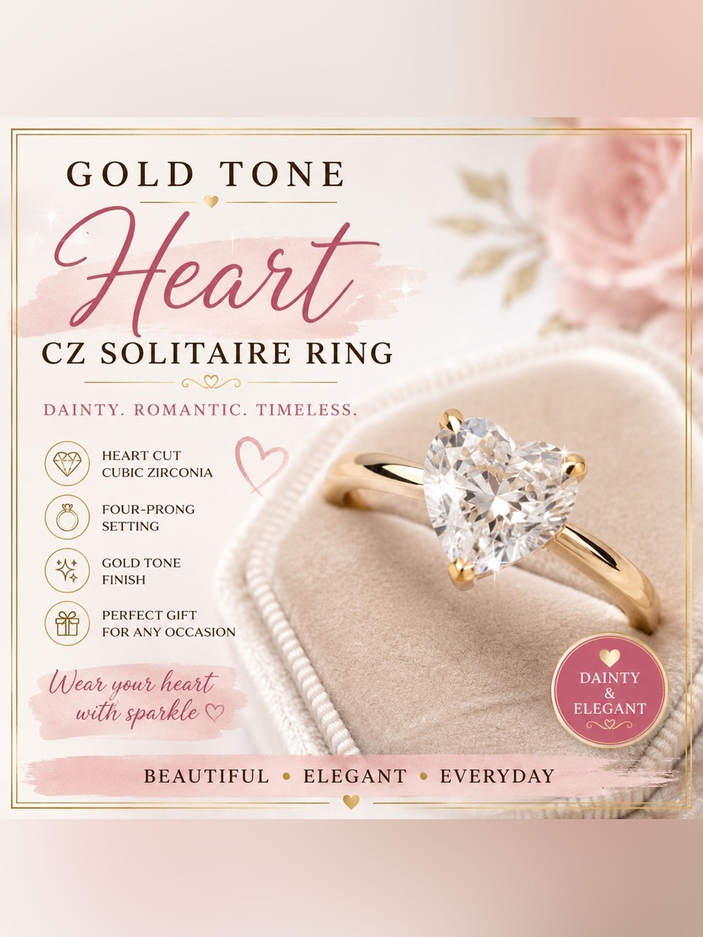 Gold Tone Heart CZ Solitaire Ring. Dainty Promise Engagement Style | Minimalist